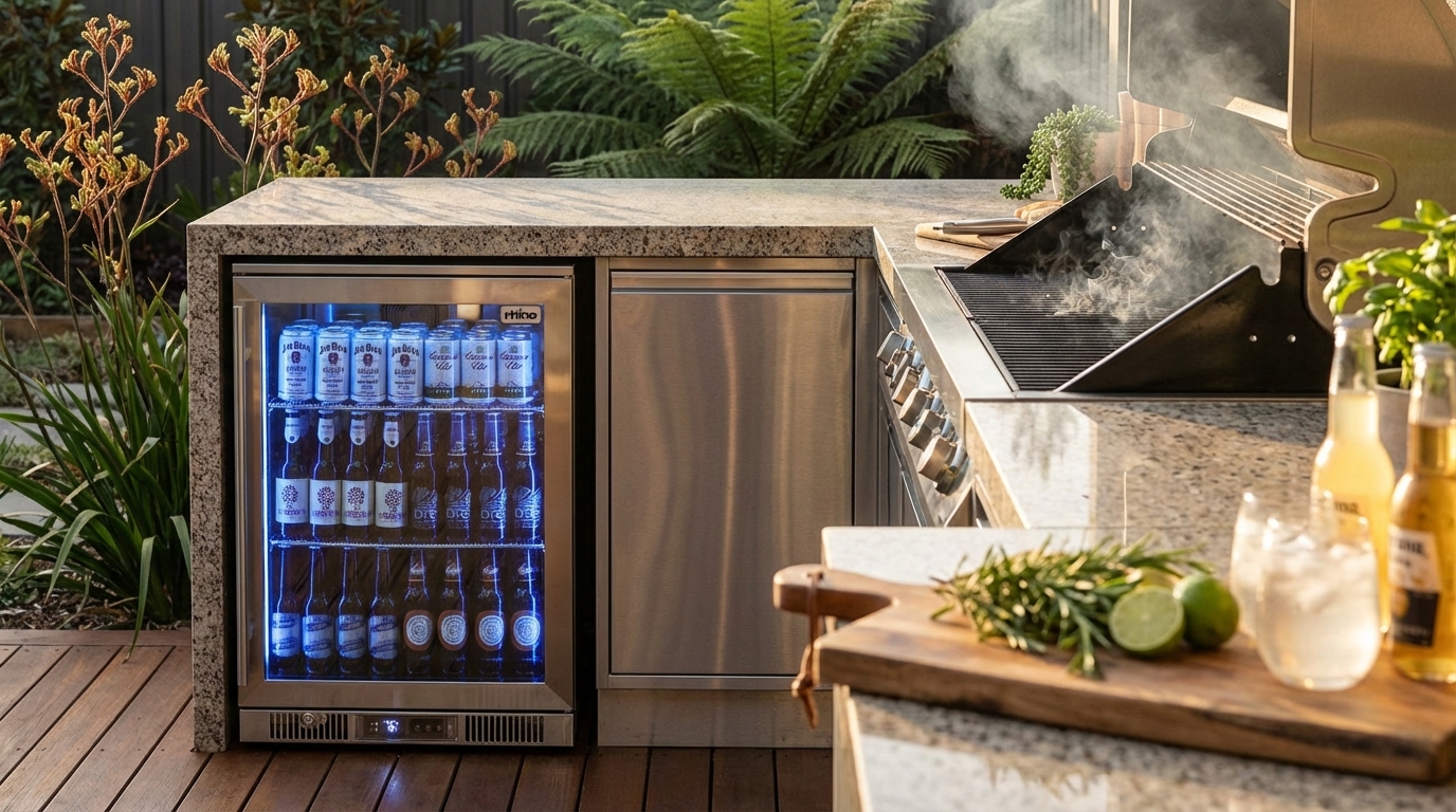 Photorealistic magazine editorial photography of a modern Australian outdoor BBQ area featuring a sleek premium bar fridge as the centerpiece. Shot from a slightly low angle at eye level, showcasing the fridge integrated seamlessly into a stone countertop with textured granite surfaces and brushed stainless steel accents. Natural lighting during late afternoon golden hour casts warm, soft shadows enhancing the reflective glass and metal finishes on the fridge. The setting includes a built-in BBQ grill with subtle smoke wisps, wooden decking with natural grain textures, and lush green native Australian plants in the blurred background. Composition follows the rule of thirds, placing the fridge on the left third, the BBQ grill on the right, and ambient soft bokeh in the background to create depth of field. Foreground elements include a rustic wooden serving board with fresh herbs and chilled drinks to evoke sensory warmth and freshness. NO text. NO logos. NO watermarks. NO overlays.