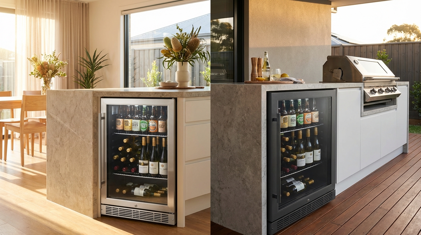 Comparison visual showing two fridges side-by-side under a bench