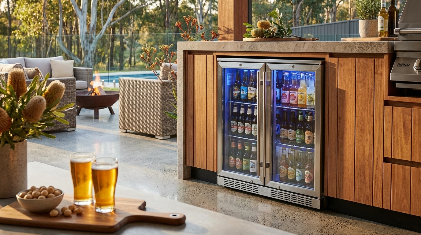 Hero shot of a premium bar fridge stocked with beer, set outdoors