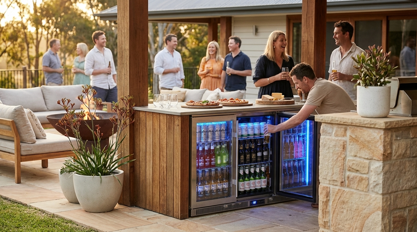 Product in a lifestyle setting — bar fridge on a patio during a gathering