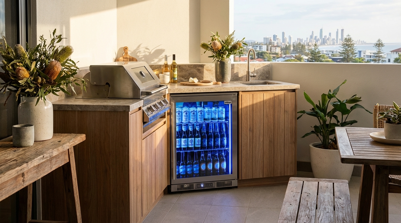 nice small balacony outdoor kitchen, integrate this 1 door bar fridge