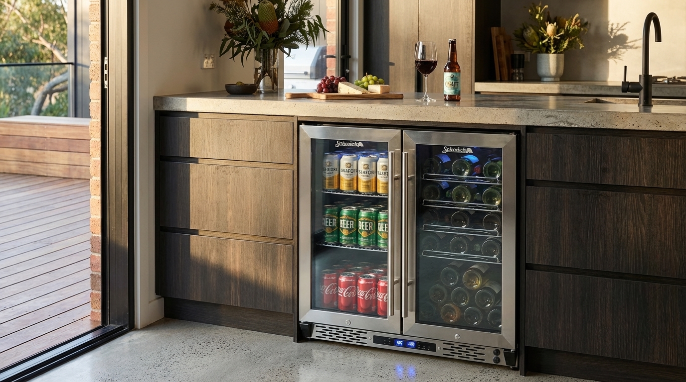 Hero shot of a stylish dual zone beer and wine fridge in a modern kitchen