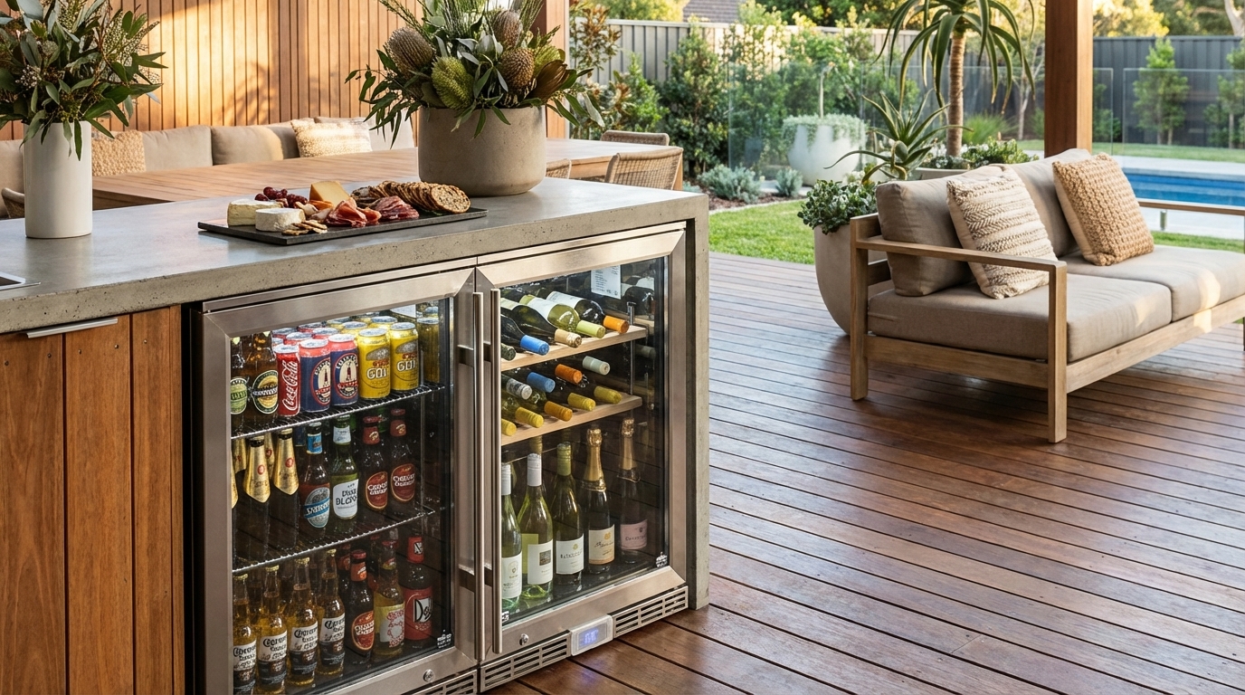 Outdoor entertaining area with a dual zone fridge stocked with drinks