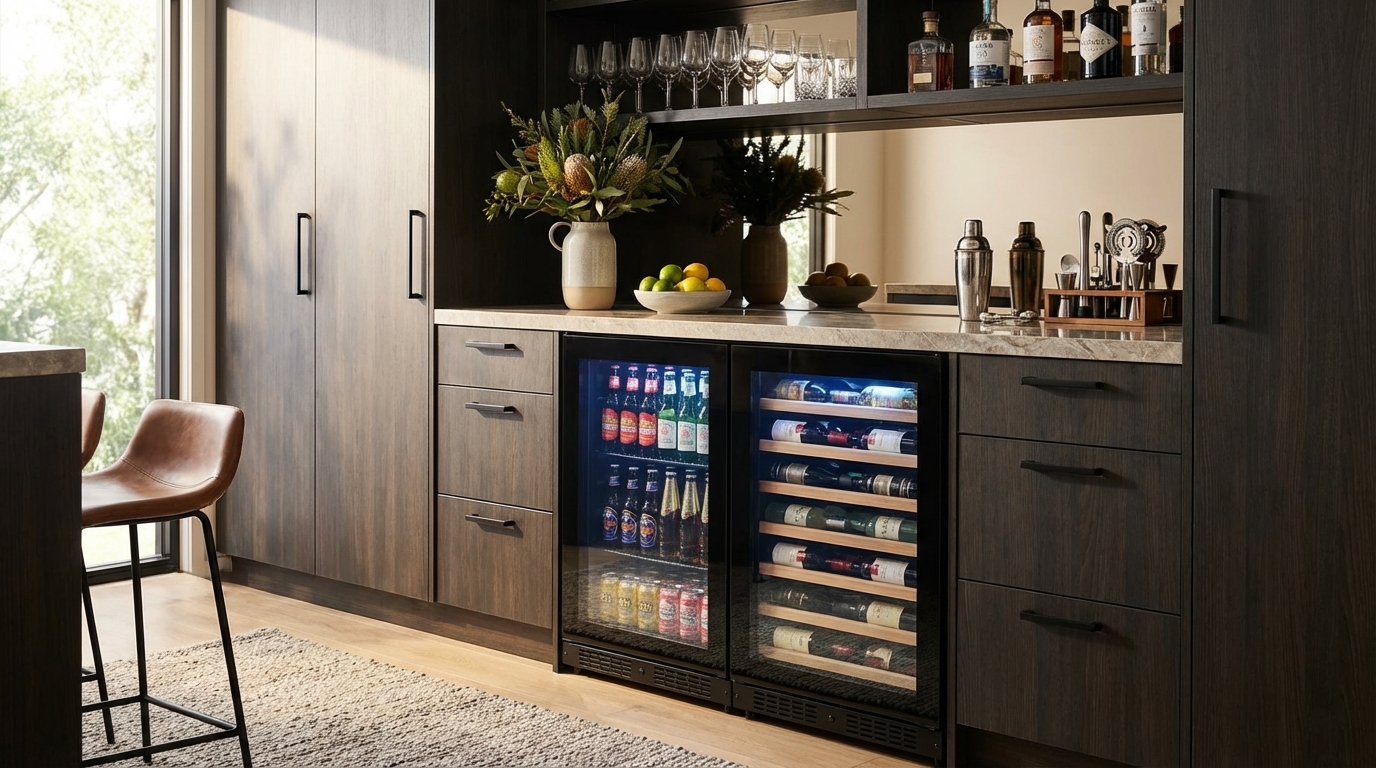 show this upright dual zone integrated into cabientry in an indoor bar area