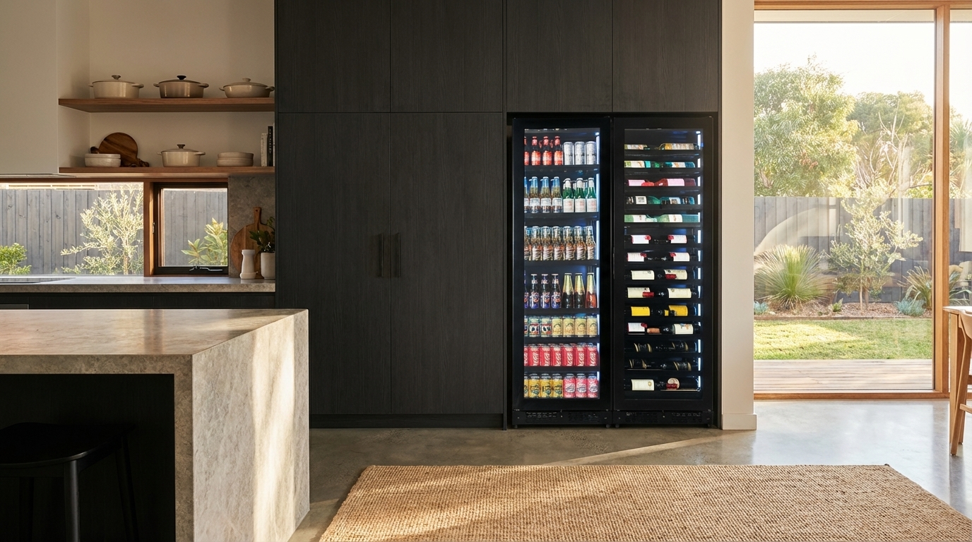 show this upright dual zone fridge integrated into cabinetry in a kitchen