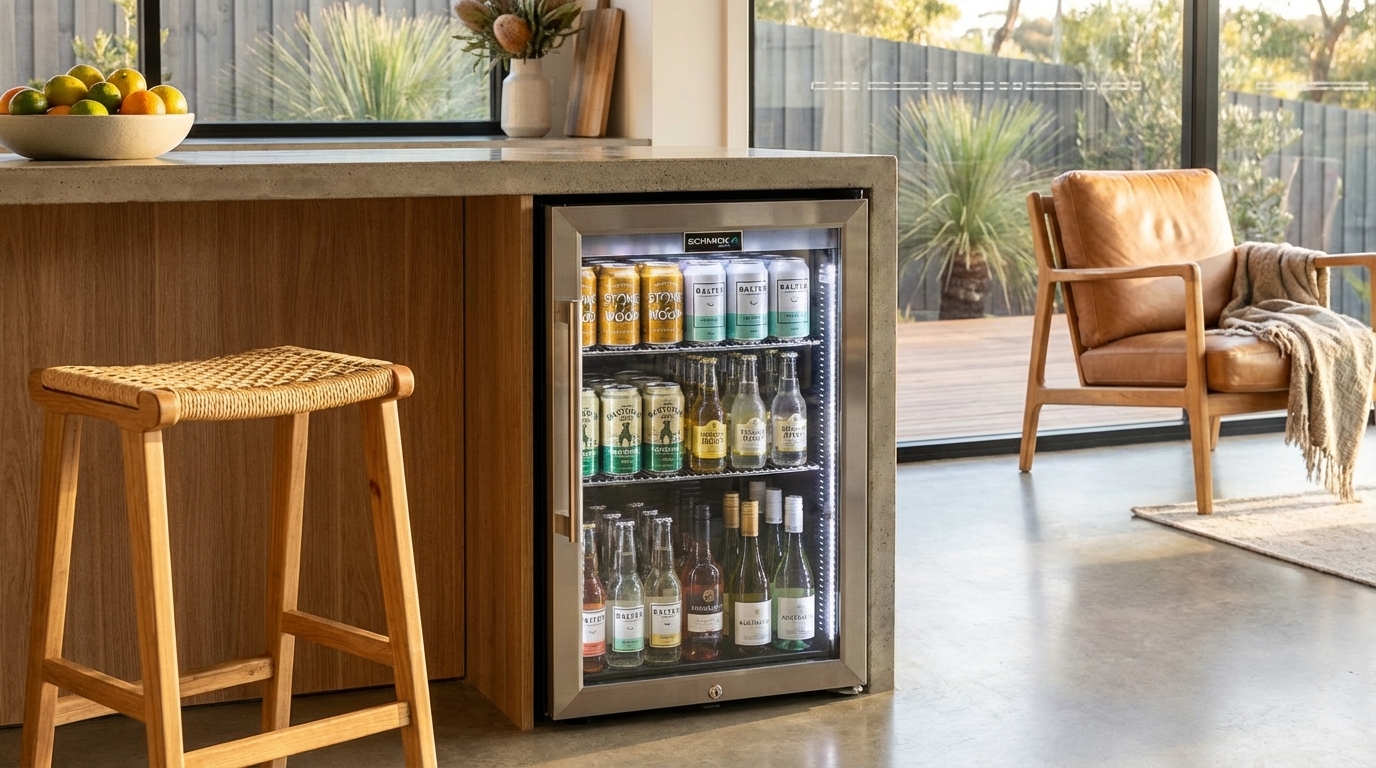Hero shot of a sleek lockable bar fridge stocked with drinks