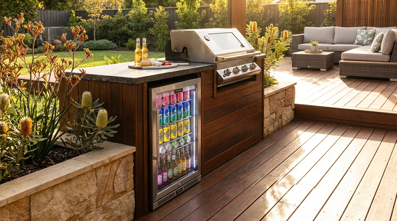 Bar fridge in a modern outdoor entertaining area, stocked and locked
