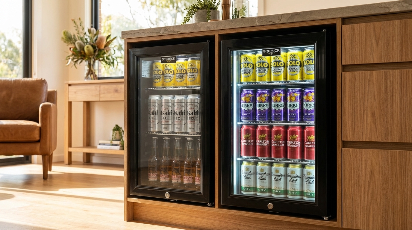 Side-by-side comparison of two fridges, highlighting glass type and lock