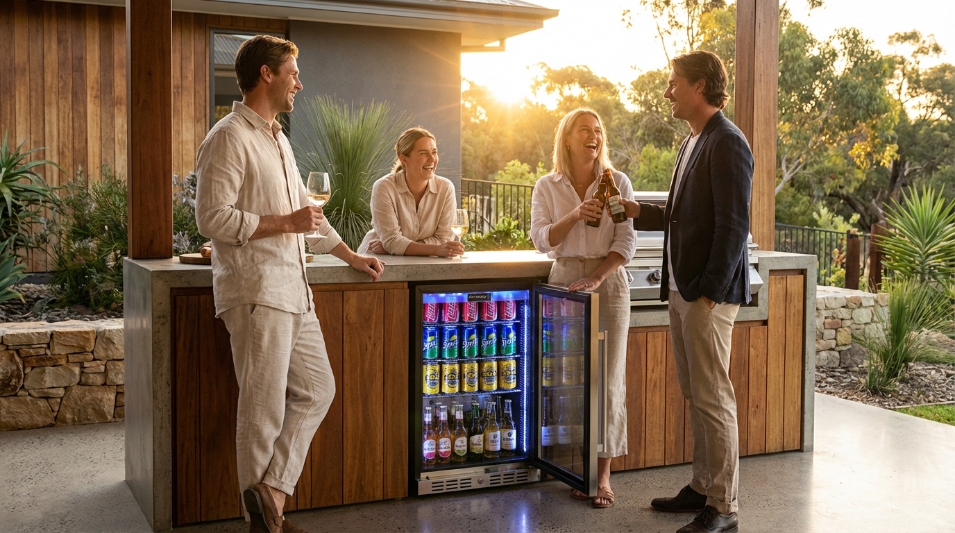 Friends enjoying drinks around a bar fridge at sunset