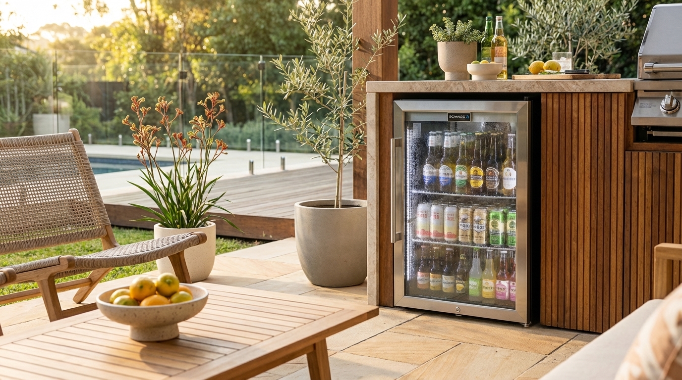 Hero shot of a sleek outdoor bar fridge on a sunny patio