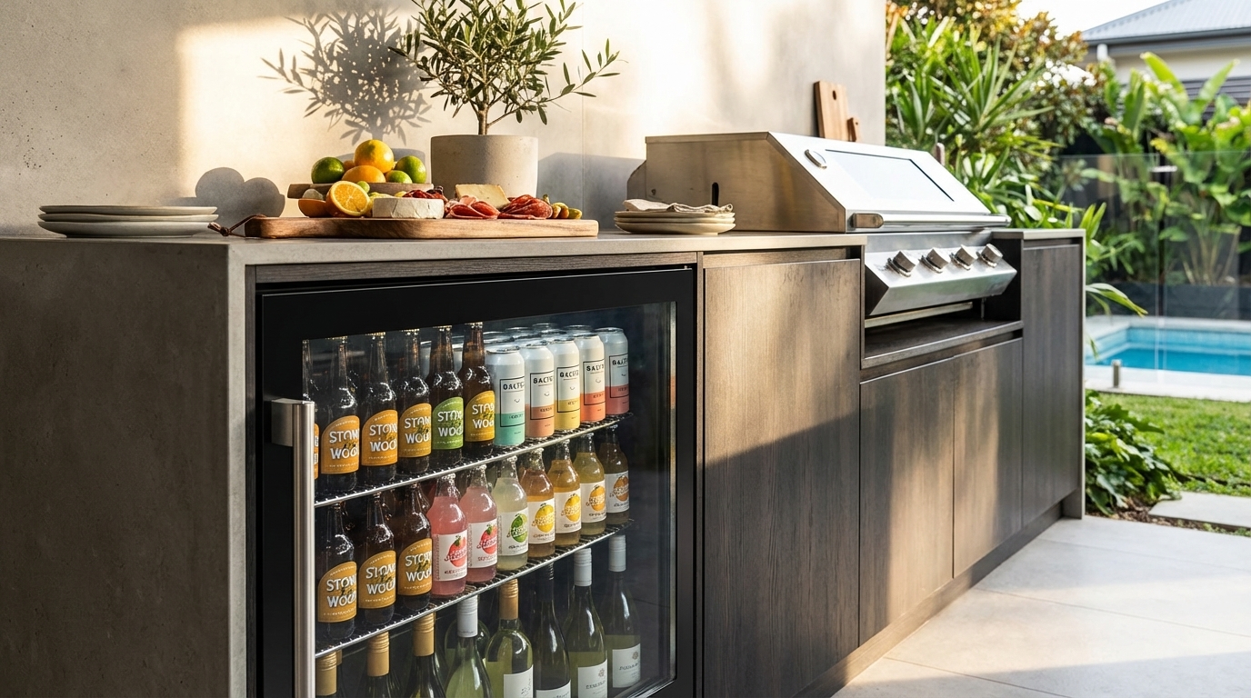 Outdoor fridge built into a modern alfresco kitchen, stocked with drinks