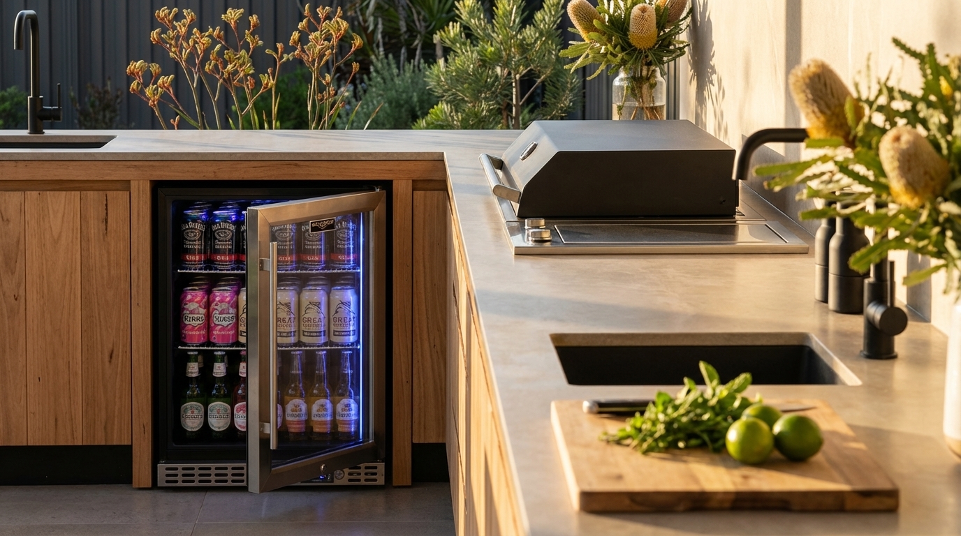Photorealistic magazine editorial photography of a premium Australian integrated bar fridge seamlessly built into a modern outdoor kitchen. Shot at eye level with a slight wide-angle lens to capture the full kitchen scene. Natural lighting during late afternoon golden hour, casting warm, soft shadows and gentle reflections on sleek stainless steel surfaces. The fridge door is slightly ajar, revealing crisp glass shelves stocked with colorful beverages and fresh produce, highlighting textures of cool metal and chilled glass. The outdoor kitchen features smooth stone countertops, matte black fixtures, and natural timber cabinetry, surrounded by lush native Australian plants in the blurred background for depth of field. Composition follows the rule of thirds with the fridge positioned on the left third, a wooden chopping board with fresh herbs in the foreground, and blurred greenery in the background, creating an inviting, aspirational lifestyle vibe. Ambient light softly illuminates the scene, enhancing the tactile contrasts between polished metal, textured stone, and organic elements. NO text. NO logos. NO watermarks. NO overlays.