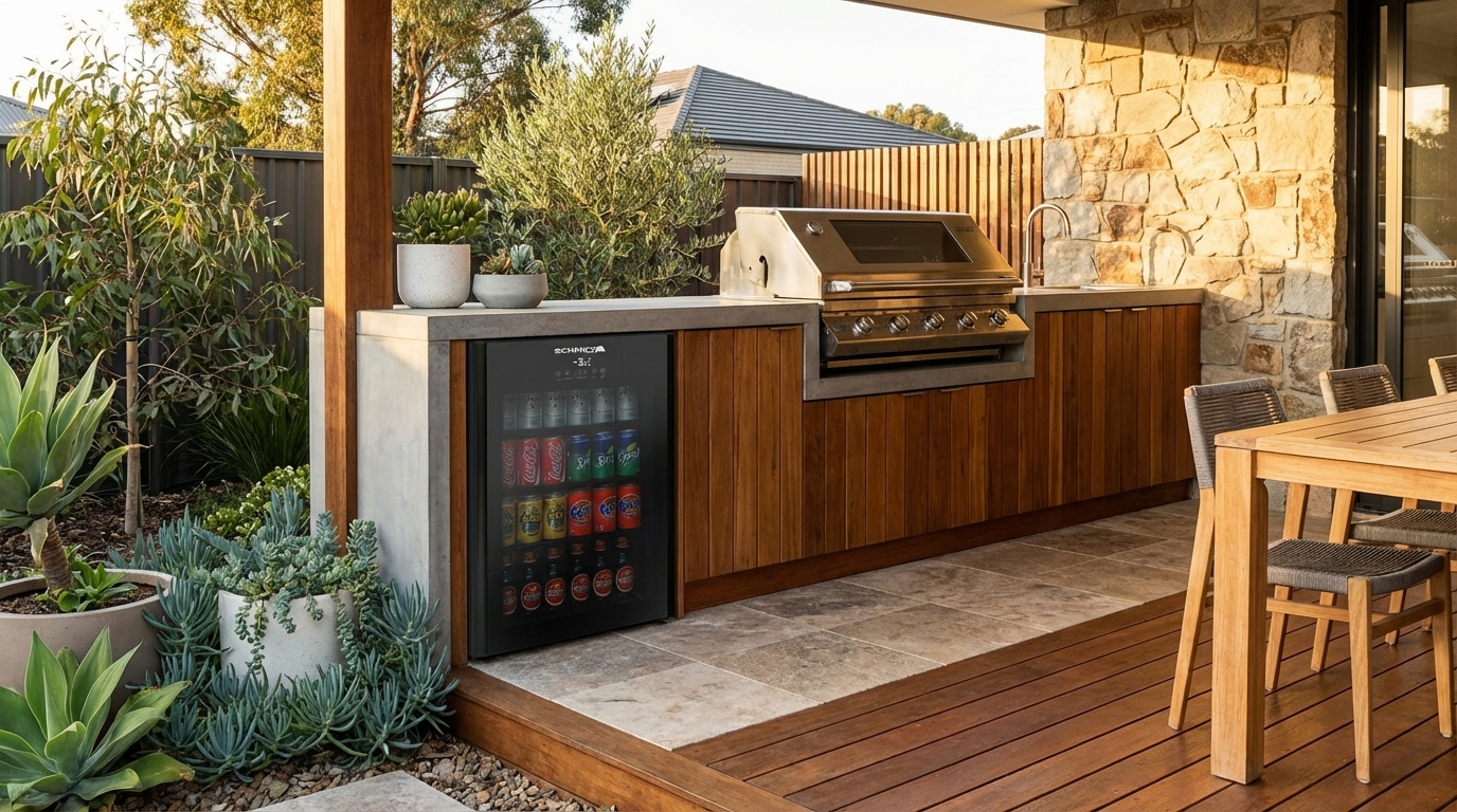 this black bar fridge built into the outdoor bbq area