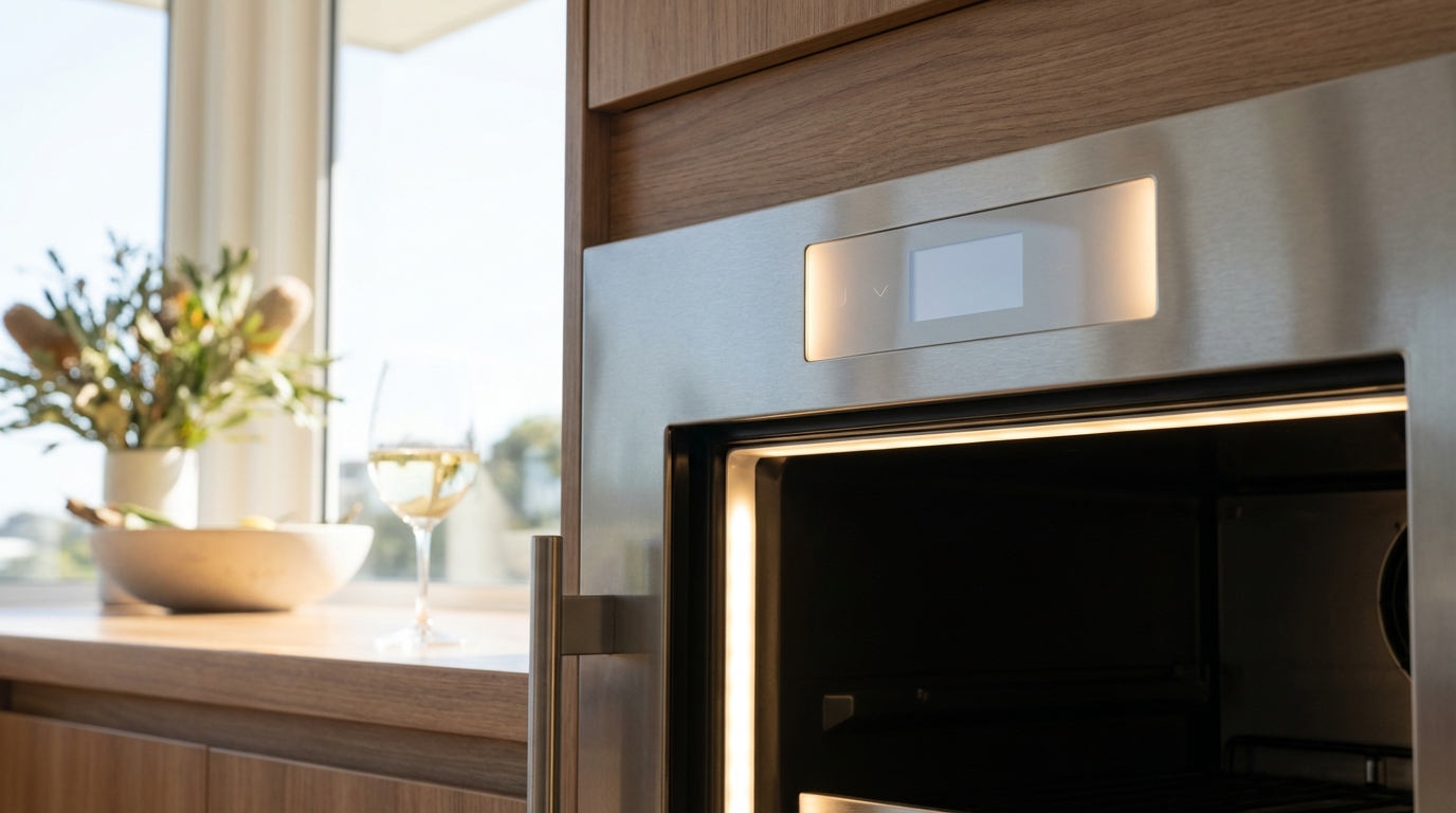 Close-up of a silent fridge’s control panel and LED lighting