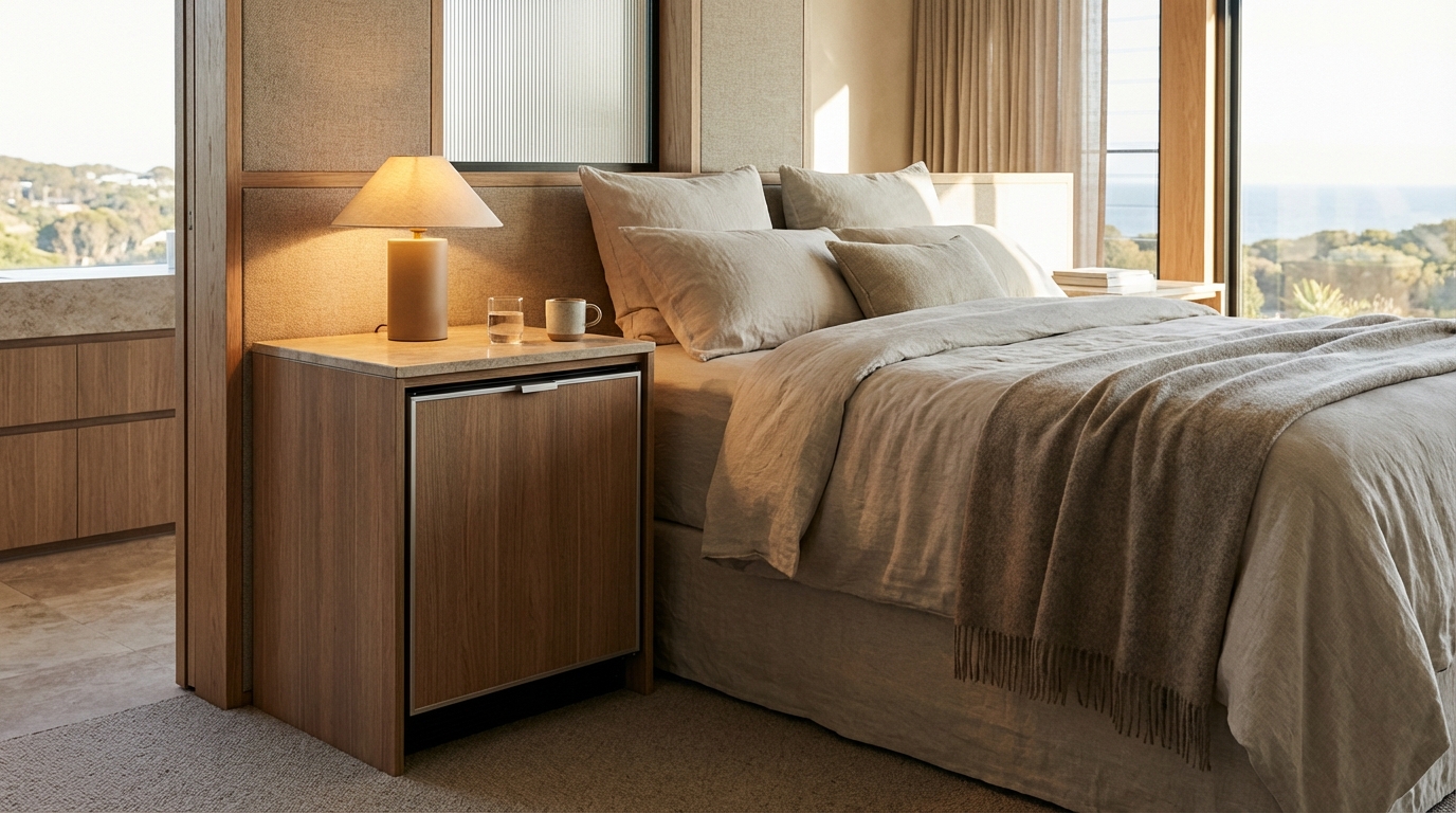 Bedroom setup with a bar fridge next to the bed and a night lamp
