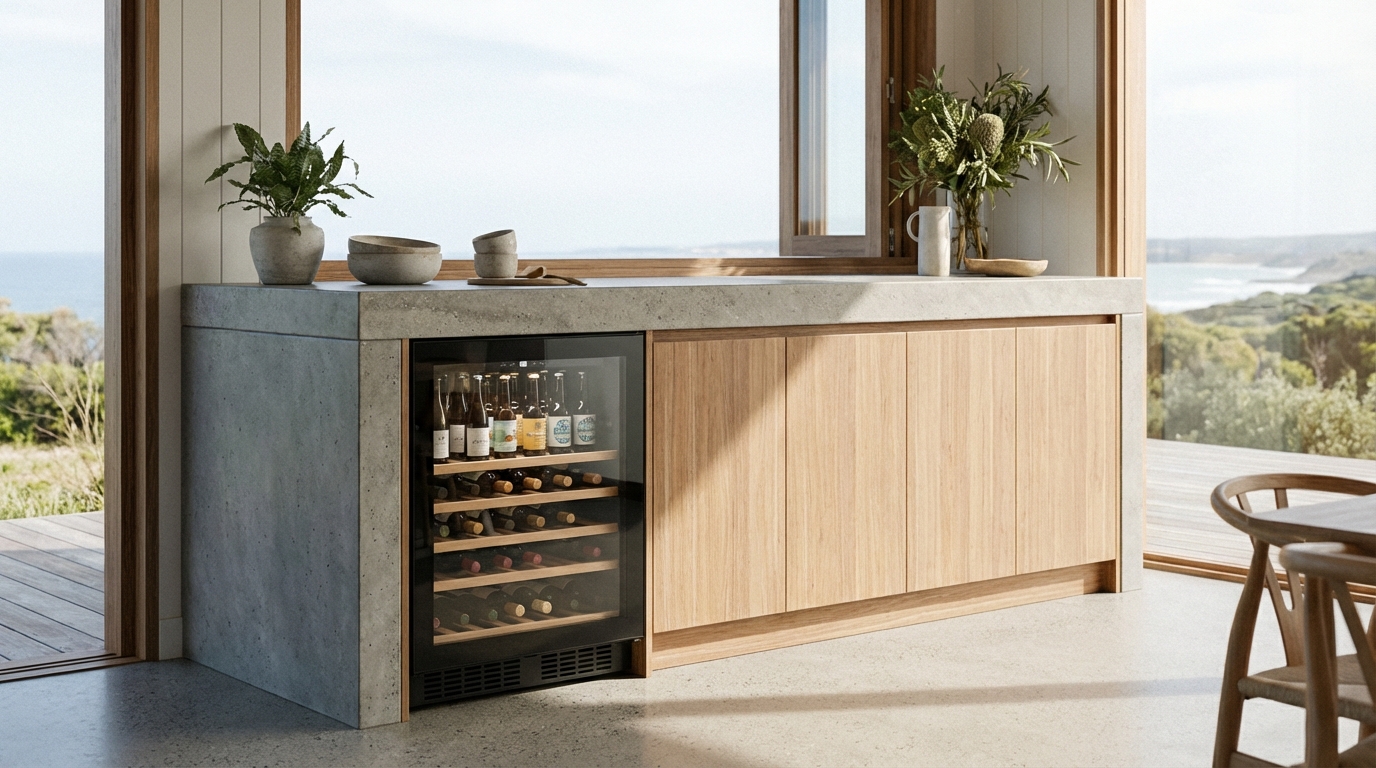 hero shot of a quiet bar fridge in a stylish home bar