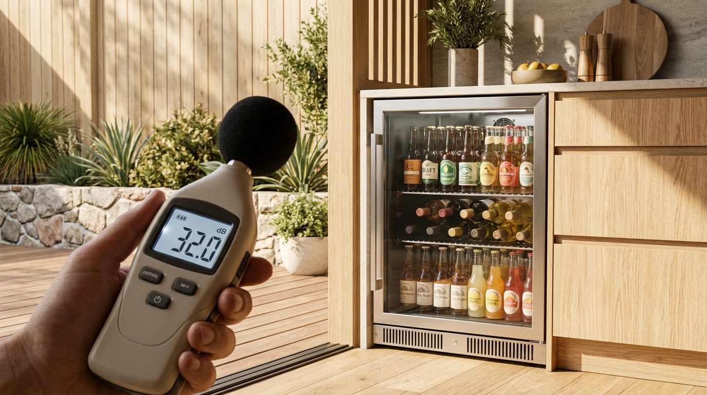 close-up of a decibel meter next to a running bar fridge