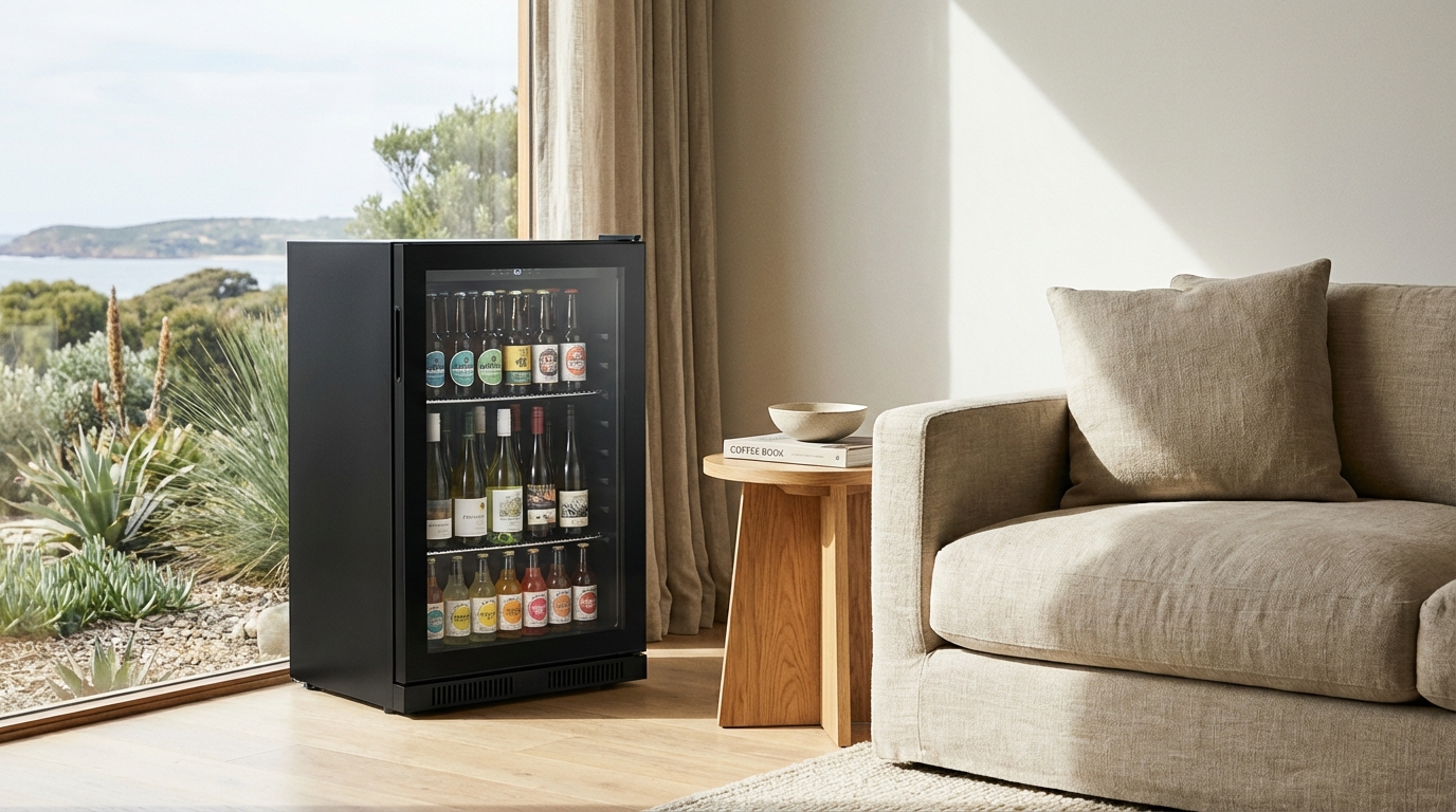 lifestyle shot of a bar fridge in a lounge room next to a sofa