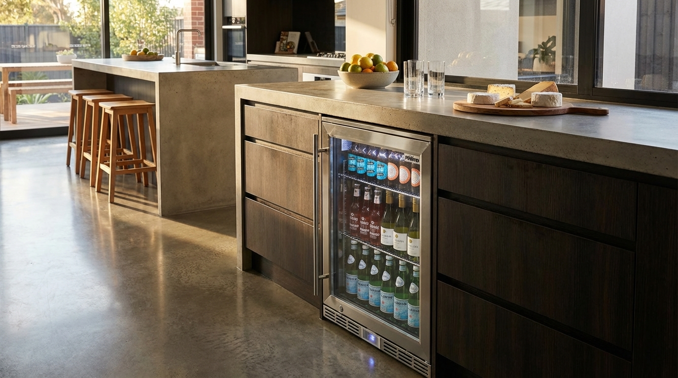 Hero shot of a modern bar fridge with energy rating sticker