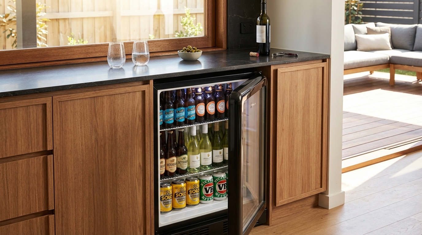 Bar fridge in a home bar, stocked with drinks