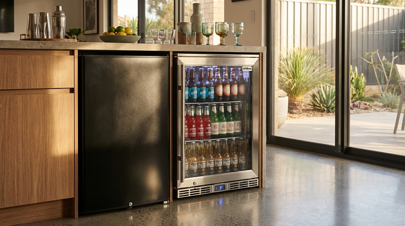 Side-by-side comparison of two bar fridges with energy star labels