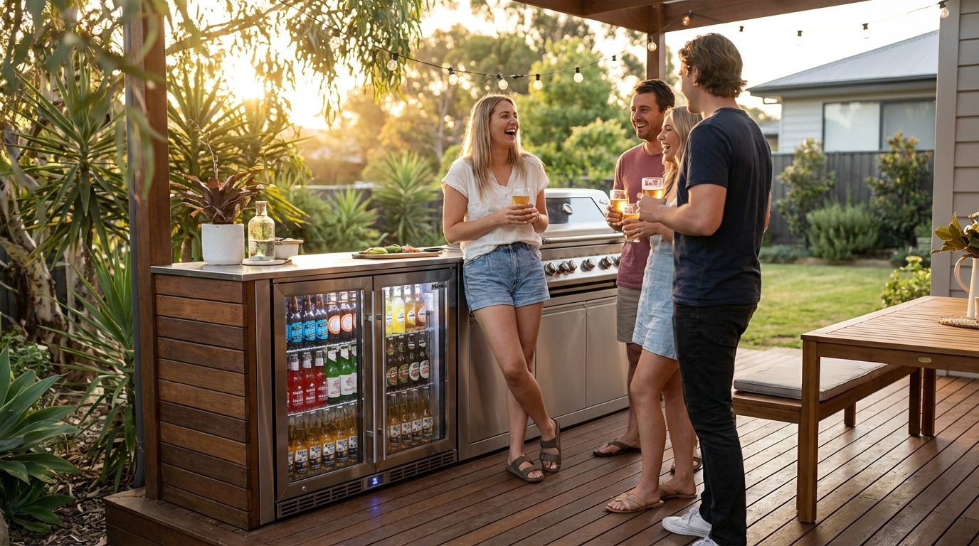 Friends enjoying drinks around a backyard bar fridge
