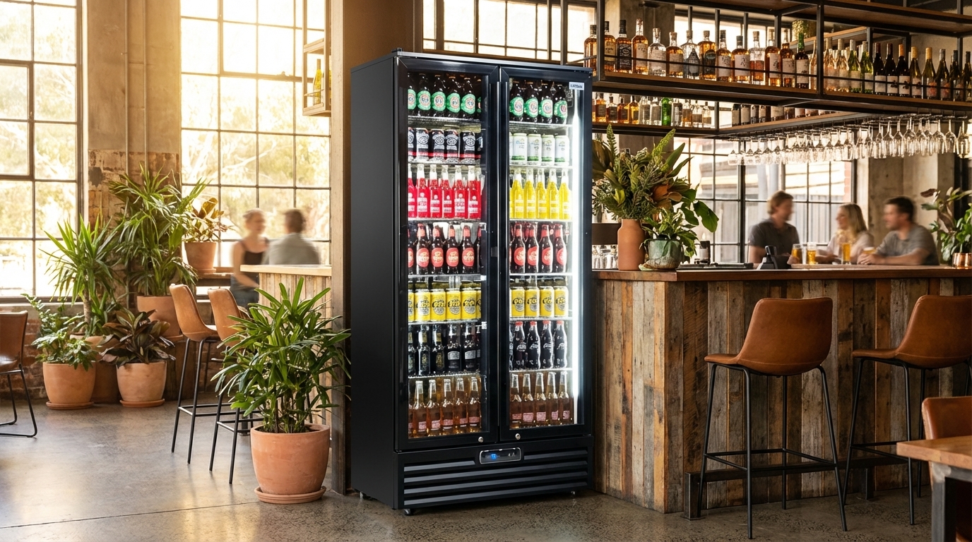 Hero shot of a sleek commercial bar fridge in a trendy Australian bar