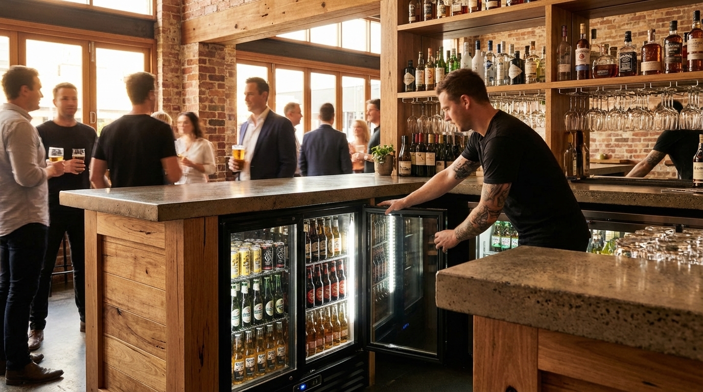 Product in a bustling bar, staff grabbing drinks from a Rhino fridge
