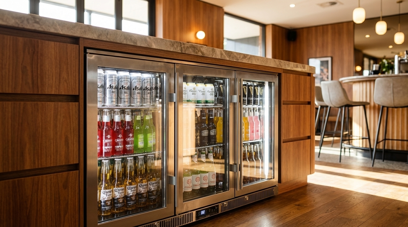 Photorealistic magazine editorial photography of a premium Australian bar fridge seamlessly integrated into modern cabinetry at floor level within a stylish pub setting. Shot from a slightly low angle to emphasize the sleek design and integration, capturing rich wood textures of the cabinetry and polished stone countertop above. Natural lighting filters gently through large windows, creating soft ambient light with subtle reflections on the fridge’s glass door. Depth of field focuses sharply on the fridge and cabinetry, with blurred background elements of a lively pub interior featuring warm wood tones, contemporary bar stools, and ambient pendant lights. Composition follows the rule of thirds, placing the fridge slightly off-center to highlight its integration and surrounding details. The scene evokes a sophisticated, aspirational Australian lifestyle with attention to materials and textures—smooth glass, warm wood grain, and cool metal accents. NO text. NO logos. NO watermarks. NO overlays.
