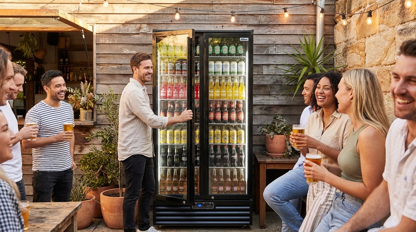 Outdoor bar setting with a Rhino fridge, happy patrons enjoying cold drinks