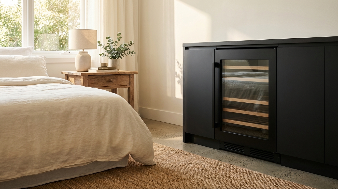 hero shot of a bar fridge in a silent bedroom setting