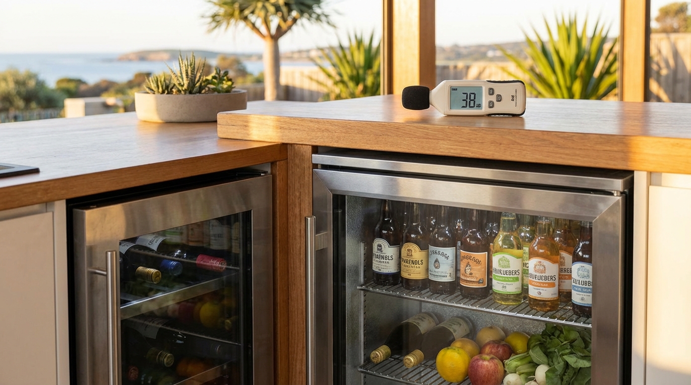 close-up of a dB meter next to a bar fridge
