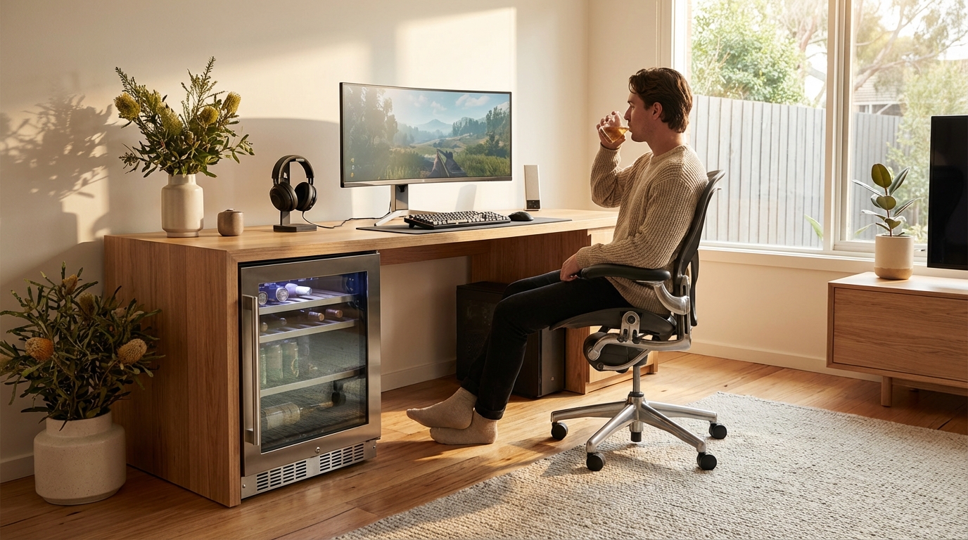 bar fridge in a gaming setup, showing quiet operation