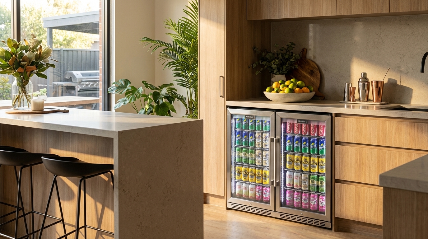 Sleek glass 2 door bar fridge in a modern kitchen