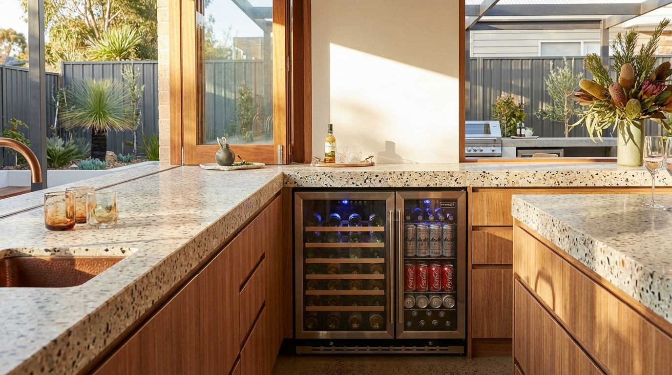 Bar fridge stocked with drinks in a home bar setting