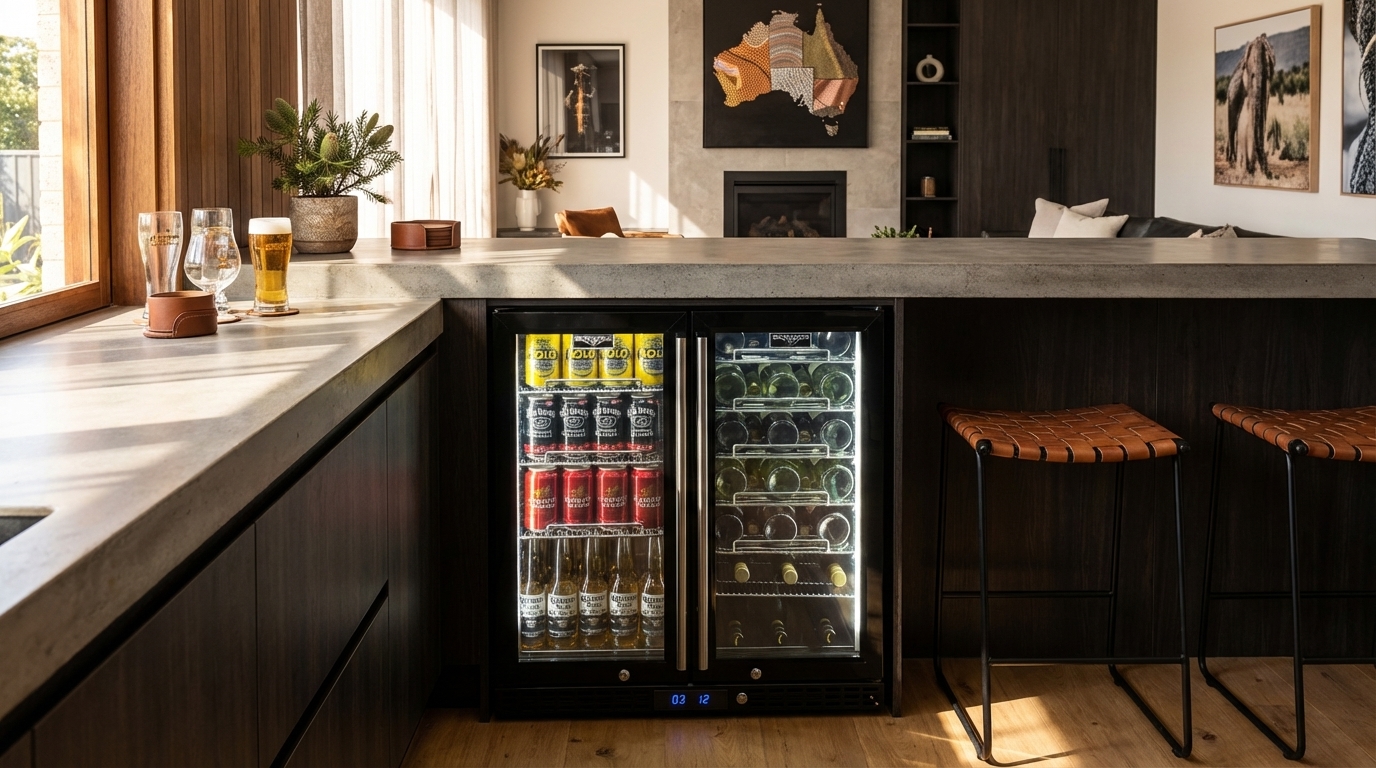 indoor bar area with this beer wine fridge integrated into cabinetry