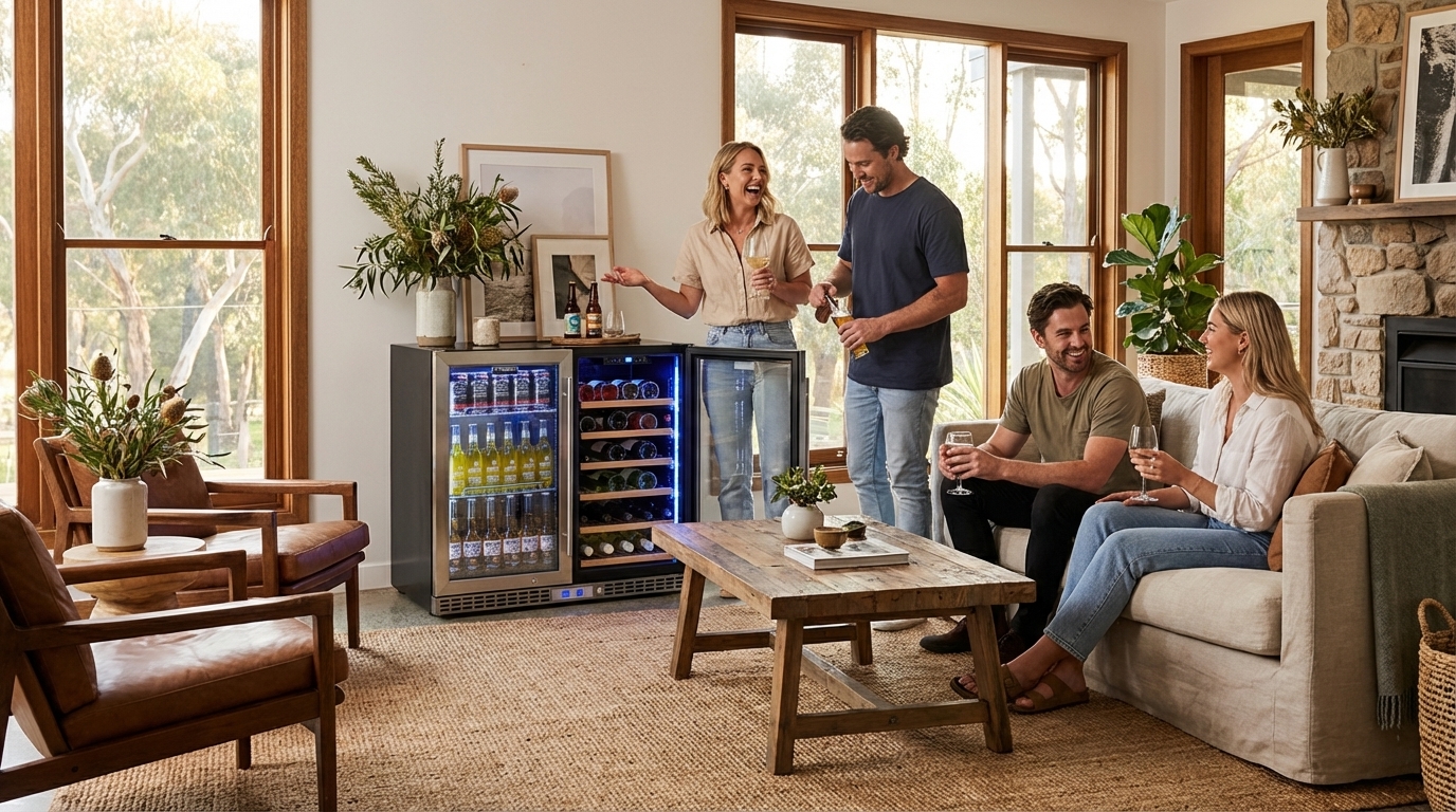 Friends enjoying drinks around a stylish bar fridge in a living room