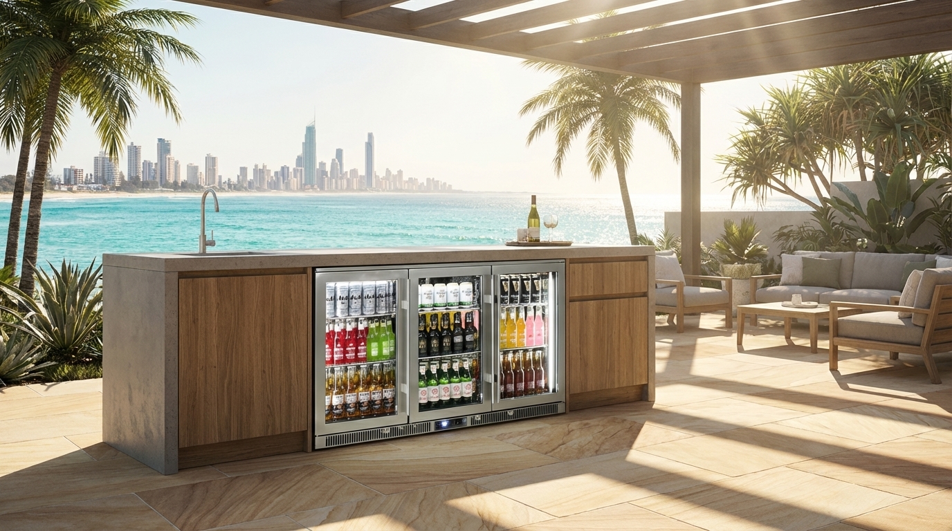 Hero shot of a premium outdoor bar fridge on a sunlit Gold Coast patio