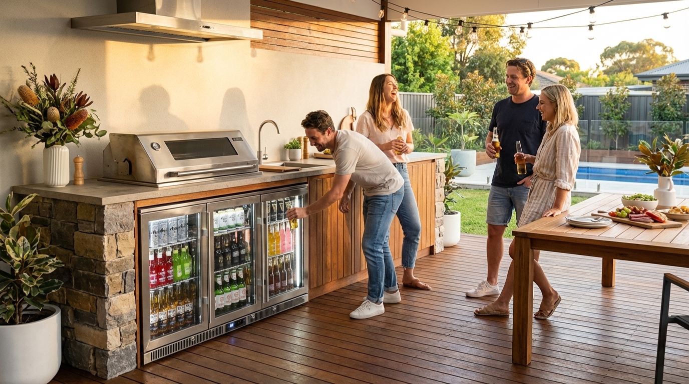 Bar fridge in an outdoor kitchen, friends gathering around
