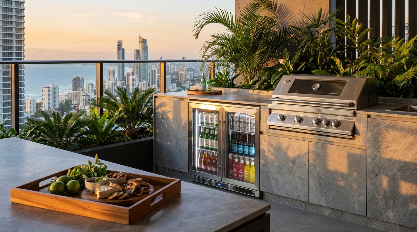 Photorealistic magazine editorial photography of a premium Australian bar fridge seamlessly built into a luxury apartment balcony BBQ area overlooking the Gold Coast at golden hour. Shot from a slight low angle focusing on the fridge integrated into sleek stone countertops and stainless steel BBQ equipment, capturing natural lighting with soft warm sunlight casting gentle shadows. The balcony features modern glass railings reflecting the city skyline and ocean beyond, with lush green plants adding texture and depth in the background. Composition follows the rule of thirds, placing the fridge centrally with the expansive Gold Coast view in the upper two-thirds, creating a sense of aspirational outdoor living. Foreground includes a polished wooden serving tray with fresh ingredients, adding tactile contrast. Subtle reflections highlight the fridge’s premium finish, while ambient light enhances the realism and warmth of the scene. NO text. NO logos. NO watermarks. NO overlays.