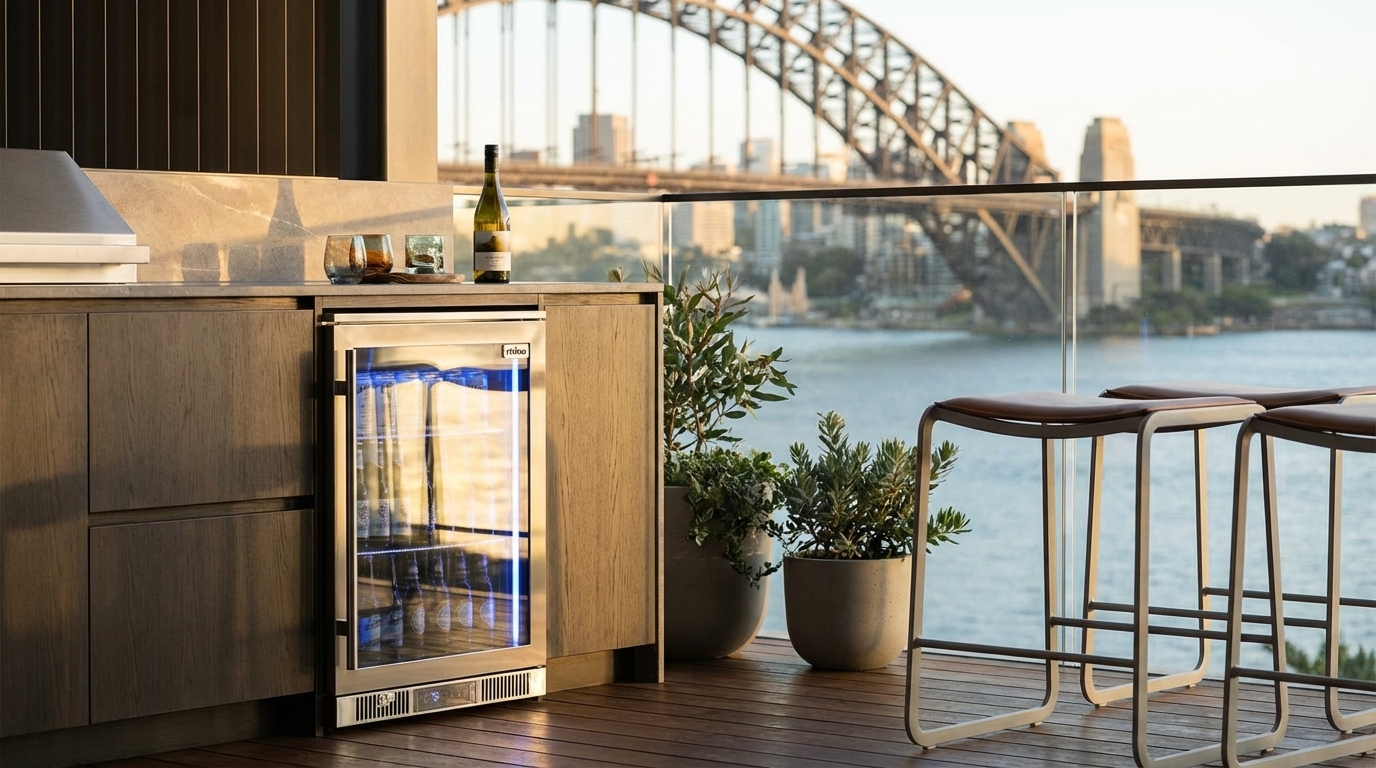 Photorealistic magazine editorial photography of a luxury balcony patio kitchen featuring a premium Australian bar fridge seamlessly integrated into sleek modern cabinetry. Shot at eye level with a shallow depth of field, focusing on the bar fridge as the central subject positioned on the left third of the frame, showcasing its brushed stainless steel finish with subtle reflections of ambient natural light. The setting is an upscale Sydney harbor balcony during late afternoon golden hour, with warm natural lighting casting soft shadows and enhancing the textures of smooth stone countertops, natural timber decking, and glass railings. In the background, the iconic Sydney Harbour Bridge and sparkling water are softly blurred, adding aspirational context. Foreground includes delicate potted greenery and minimalistic bar stools with matte metal and leather textures. The composition emphasizes clean lines, open space, and a harmonious blend of indoor-outdoor living. NO text. NO logos. NO watermarks. NO overlays.