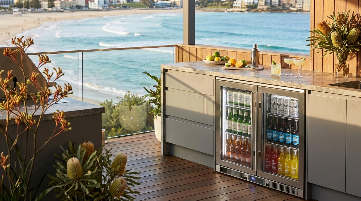 Photorealistic magazine editorial photography of a sleek premium Australian bar fridge seamlessly integrated into a modern outdoor kitchen on a balcony overlooking Bondi Beach at golden hour. Shot from a medium wide angle at eye level, showcasing the fridge’s brushed stainless steel finish with soft natural lighting highlighting subtle reflections on its surface. The balcony features smooth timber decking, minimalist cabinetry, and lush green plants framing the scene. Soft ambient sunlight casts warm shadows, enhancing textures of stone countertops and glassware. The background reveals a panoramic view of the iconic Bondi Beach with gentle waves and a clear blue sky. Composition follows the rule of thirds, placing the fridge prominently in the right third, with depth of field softly blurring the beach background to create aspirational depth. Foreground details include a marble-topped bar with fresh citrus and chilled cocktails, adding lifestyle warmth. NO text. NO logos. NO watermarks. NO overlays.