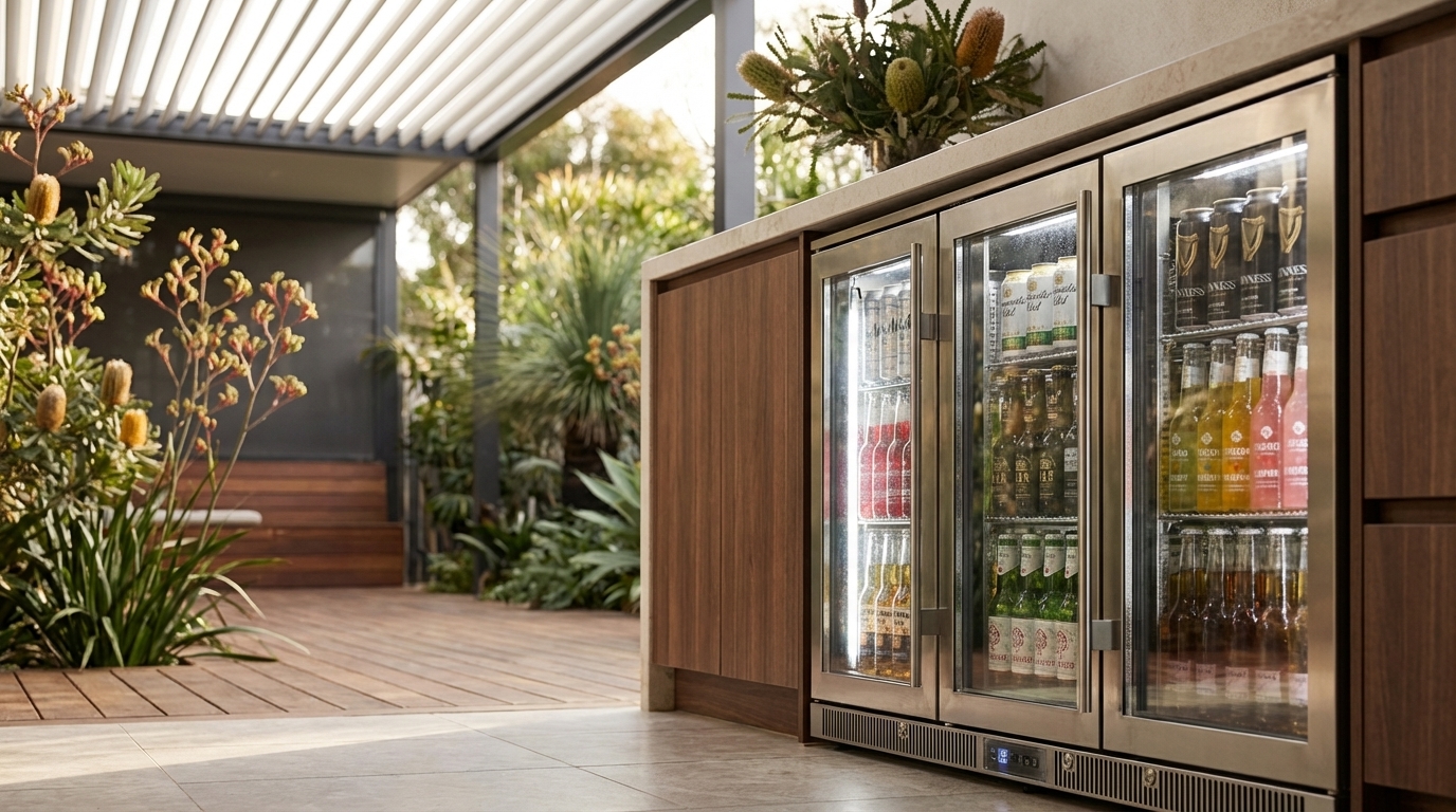 Photorealistic magazine editorial photography of a sleek three-door bar fridge integrated seamlessly into modern outdoor kitchen cabinetry, set in a contemporary Australian backyard under a stylish undercover patio. Shot from a low, eye-level angle emphasizing the fridge’s stainless steel finish with subtle reflections of surrounding greenery. Soft natural lighting filters through the patio, casting gentle shadows and highlighting the texture of the cabinetry’s smooth wood grain and stone countertop. The fridge doors are slightly ajar, revealing neatly organized beverages with condensation droplets, adding a fresh, inviting feel. Composition follows the rule of thirds, with the fridge positioned prominently in the right third, balanced by lush native plants and a wooden deck in the blurred background, creating depth of field. Ambient light quality is warm and diffused, evoking a relaxed, premium outdoor lifestyle. NO text. NO logos. NO watermarks. NO overlays.