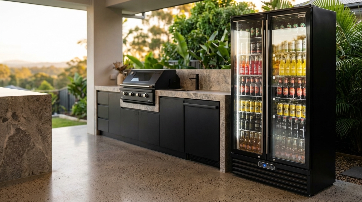 Photorealistic magazine editorial photography of a sleek 2 door black upright two-door drinks fridge positioned on a modern outdoor patio of a luxury Australian home overlooking the Gold Coast hinterland at golden hour. The fridge stands next to a contemporary outdoor kitchen featuring matte black appliances, placed logically but not built-in to maintain its full size. Shot at eye level with a shallow depth of field, the fridge is in sharp focus occupying the right third of the frame following the rule of thirds. Soft natural lighting highlights the smooth reflective black glass doors and subtle stainless steel handles, casting gentle reflections of surrounding greenery and the kitchen’s textured stone countertops. The background showcases lush hinterland foliage with soft ambient light creating a warm, inviting atmosphere. Foreground includes a polished concrete floor with subtle texture, enhancing the premium feel. NO text. NO logos. NO watermarks. NO overlays.